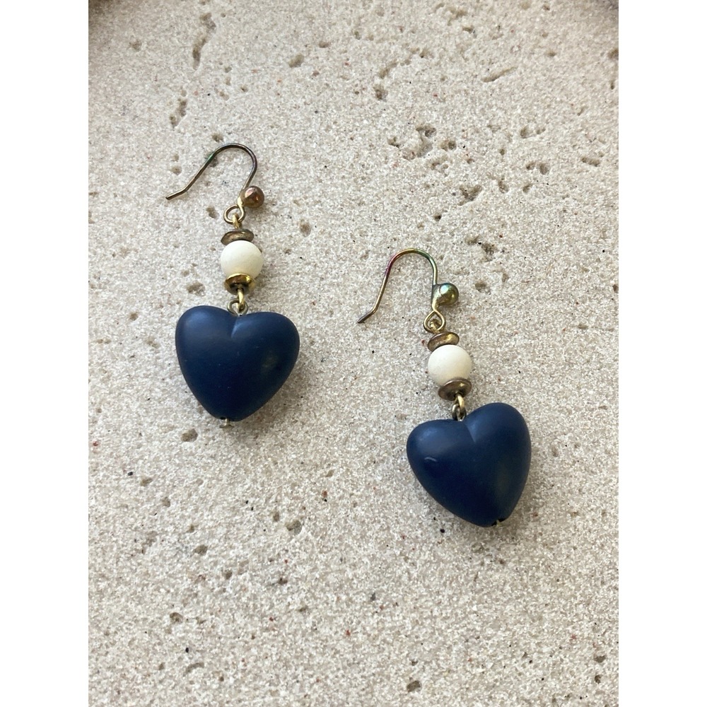 Vintage Blue Heart Bead Dangle Earrings Cream Accent Beads‎ Gold Tone Boho